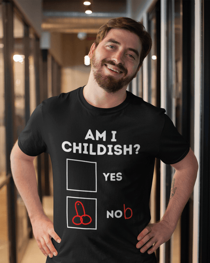 man wearing funny t-shirt which reads "am I childish?"